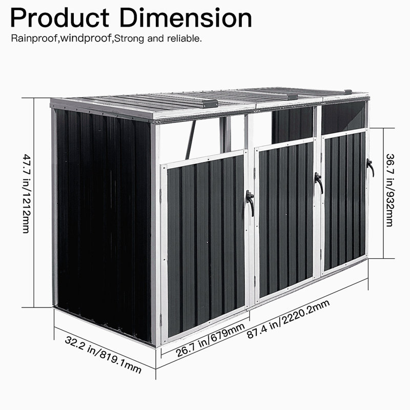 Garbage Bin Shed Stores 3 Trash Cans Metal Outdoor Bin Shed For Garbage Storage,Grey