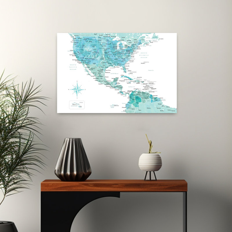 Watercolor Americas Map Contemporary City Wall Art Print 1 Piece Wrapped Canvas Wall Art, 60.96cm H x 40.64cm W