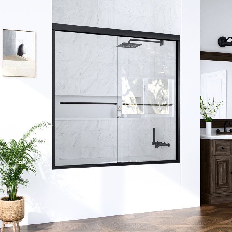 Porte de douche semi-double coulissante de 56 à 60 po de largeur avec verre trempé de 6 mm, noir mat, conception pour différents espaces, cadre en aluminium, roulettes lisses en acier inoxydable, poignées à tirer pour économiser de l'espace