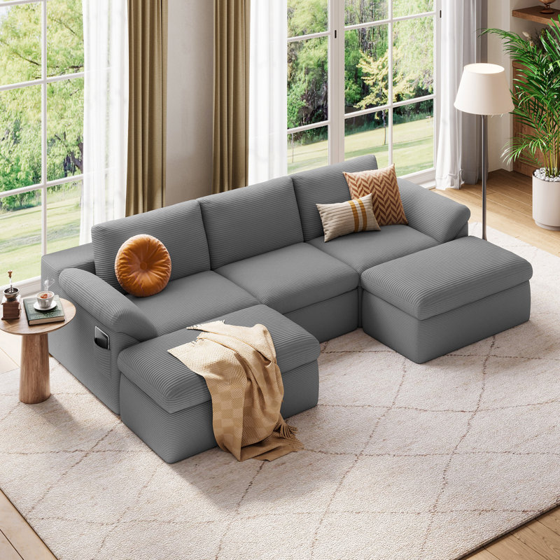 Canapé modulaire en os de 109 po Mariyan, Velours côtelé gris mousse