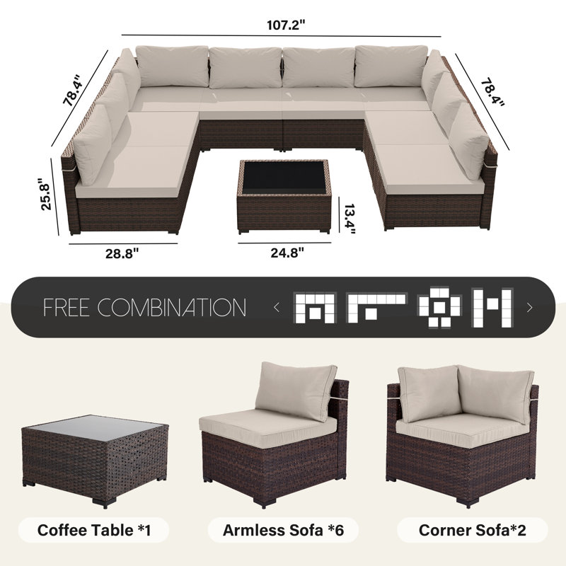 9-piece wicker patio conversation sets with cushions, Beige