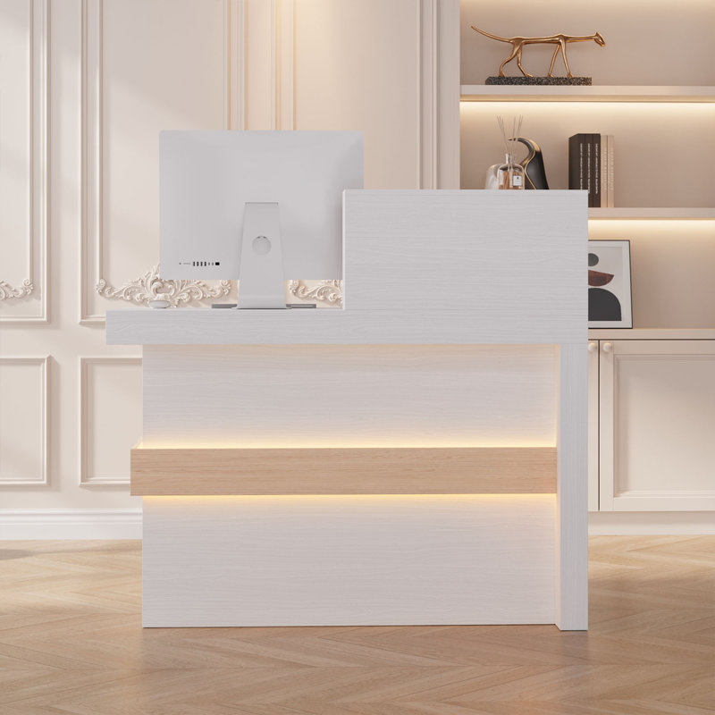 Bureau de réception blanc moderne avec lumières DEL, prise de courant, tiroir et armoire pour bureau