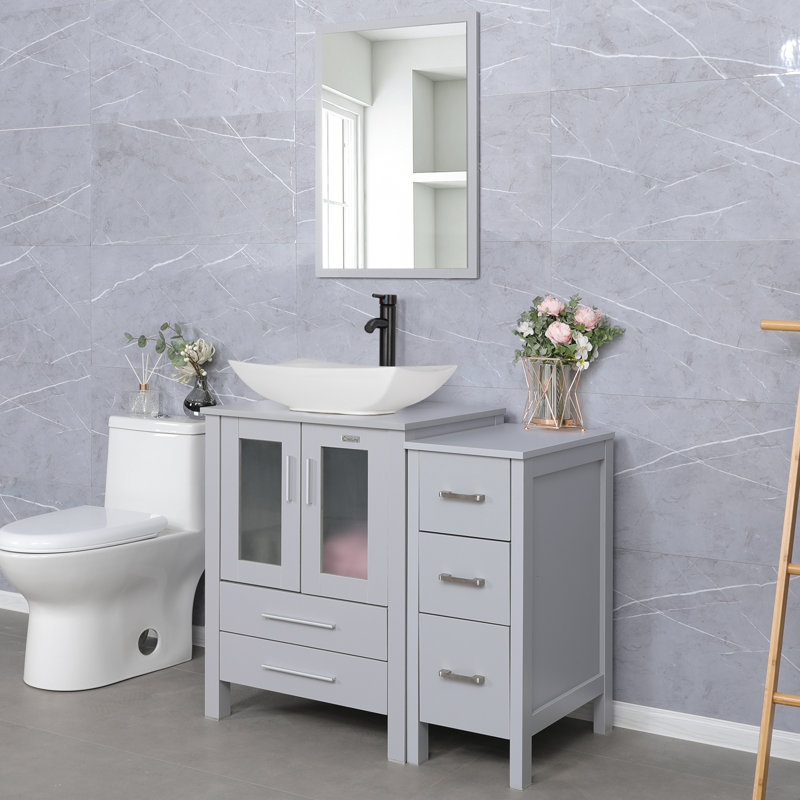  Meuble-lavabo simple 36 po avec comptoir en bois manufacturé, lavabo vasque, robinet et miroir non inclus, Gris, Gris