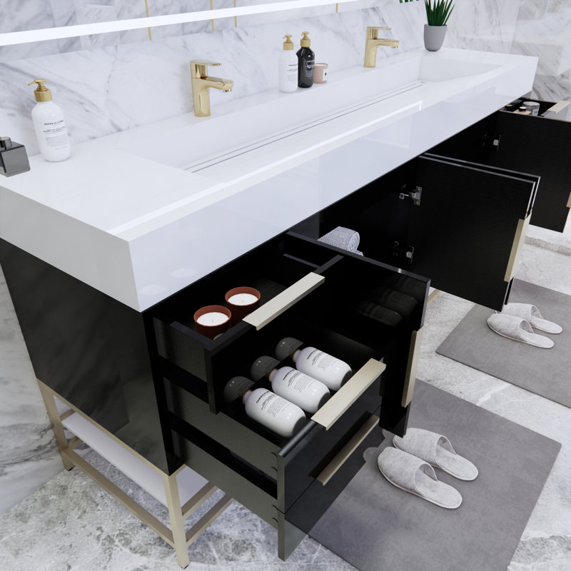 Glasgow 84'' Double Bathroom Vanity with Acrylic Top, High Gloss Black
