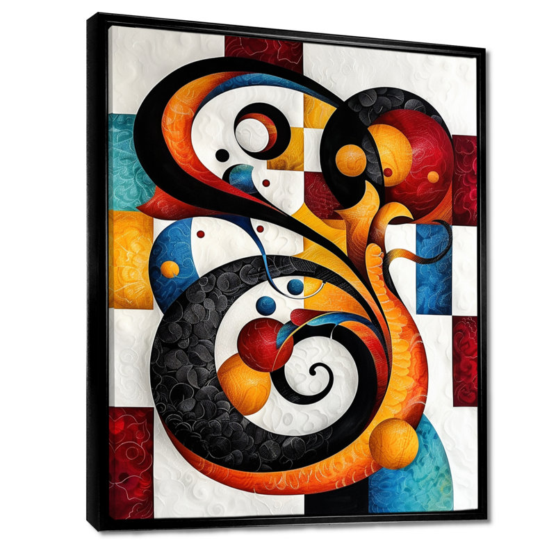 Tourbillon tourbillonnant rouge et bleu I - spirales abstraites, art mural, Cadre flottant noir, H 20 po x l 12 po