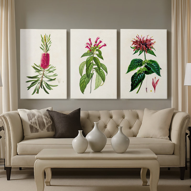 Pretty Pink Botanicals VII - Toile tendue avec châssis sur mesure - 3 pièces, H 27 po x l 54 po