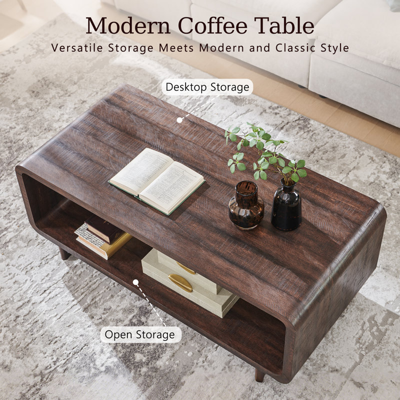  Abrianna 48" Wide Coffee Table with Storage Shelf, 2-Tier Minimalist Center Table with Curved Profile Design, Thick Wooden Rectangular Living Room Table, Brown