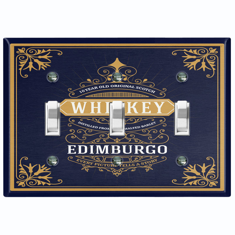 Metal Light Switch Plate Outlet Cover (Vintage Ten Year Scotch Whiskey Yellow Frame Border Navy - Single Toggle)