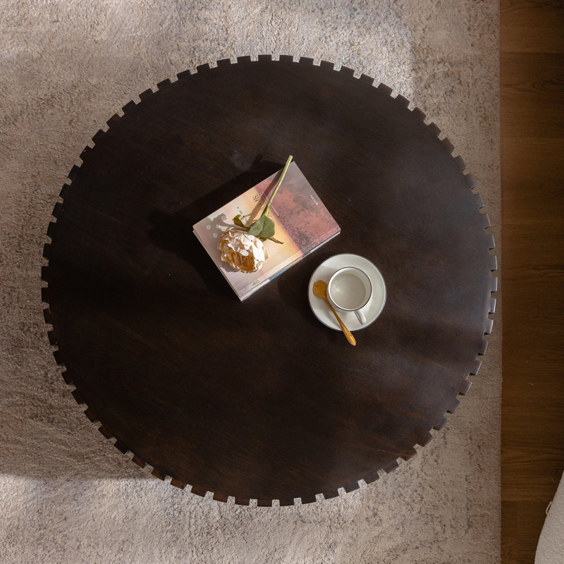 Table basse ronde en bois de style olive à piédestal robuste fabriquée à la main pour le salon, Noyer