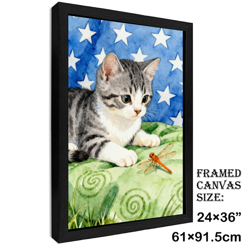 Art mural encadré noir avec chatons et insectes rétro, H 37 po x l 25 po