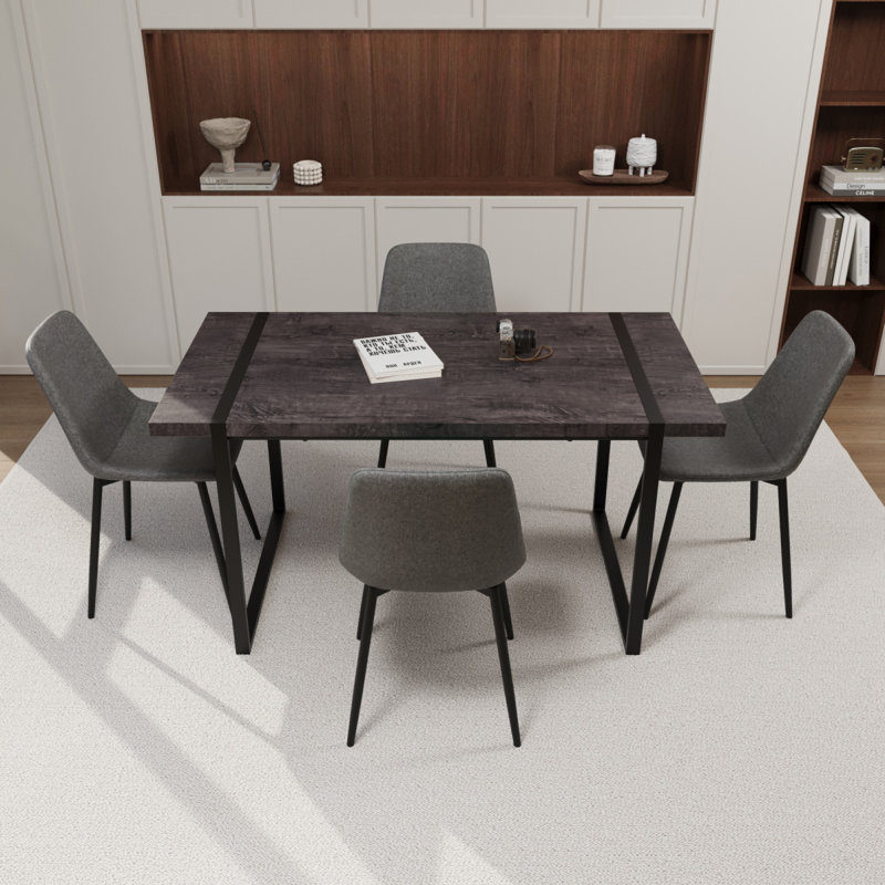Ensemble de table de salle à manger en bois et panneau de fibres à densité moyenne 59 po en bois noir 59 po, ensemble de table de salle à manger en bois de style médiéval, base en métal rectangulaire, table de salle à manger et chaise en suède