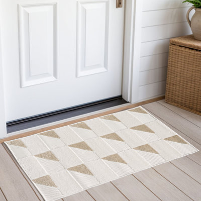 Tapis à motif géométrique moderne / minimaliste à carreaux crème / beige / brun pour salon, chambre à coucher, patio, terrasse