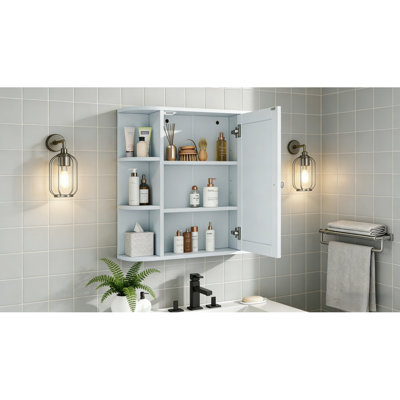 Armoire de rangement murale de salle de bain avec miroir, armoire à pharmacie avec tablette en bois réglable et portes, armoires de rangement montées avec 6 tablettes ouvertes, blanc