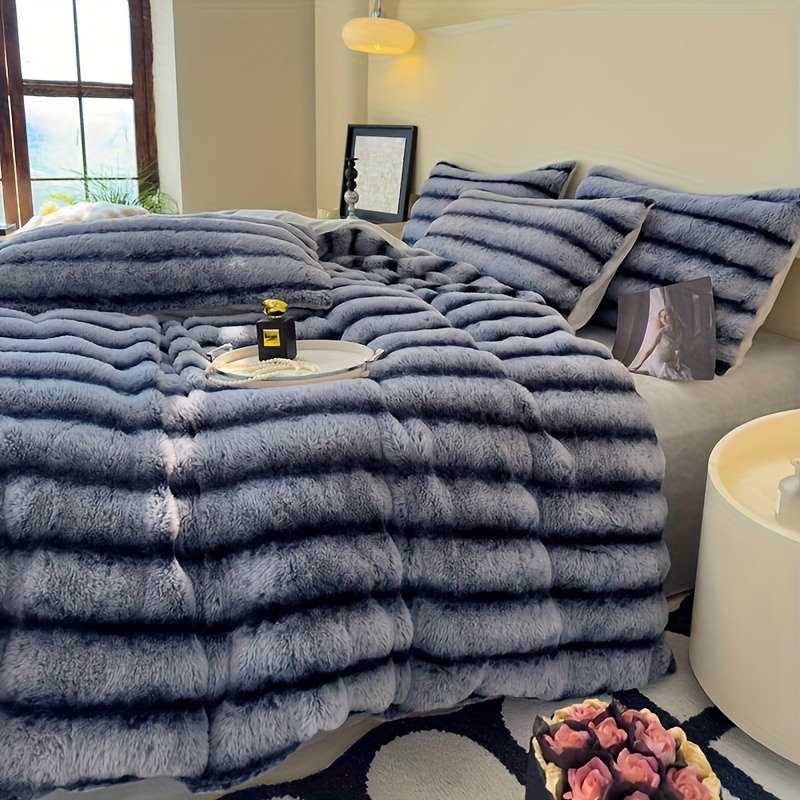 Faux Rabbit Fur Blanket Machine Woven Throw Blanket, Blue, 274x228