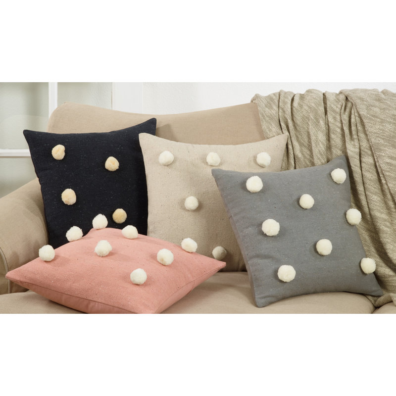 Pink Cotton Throw Pillow Cover with White Pom Poms