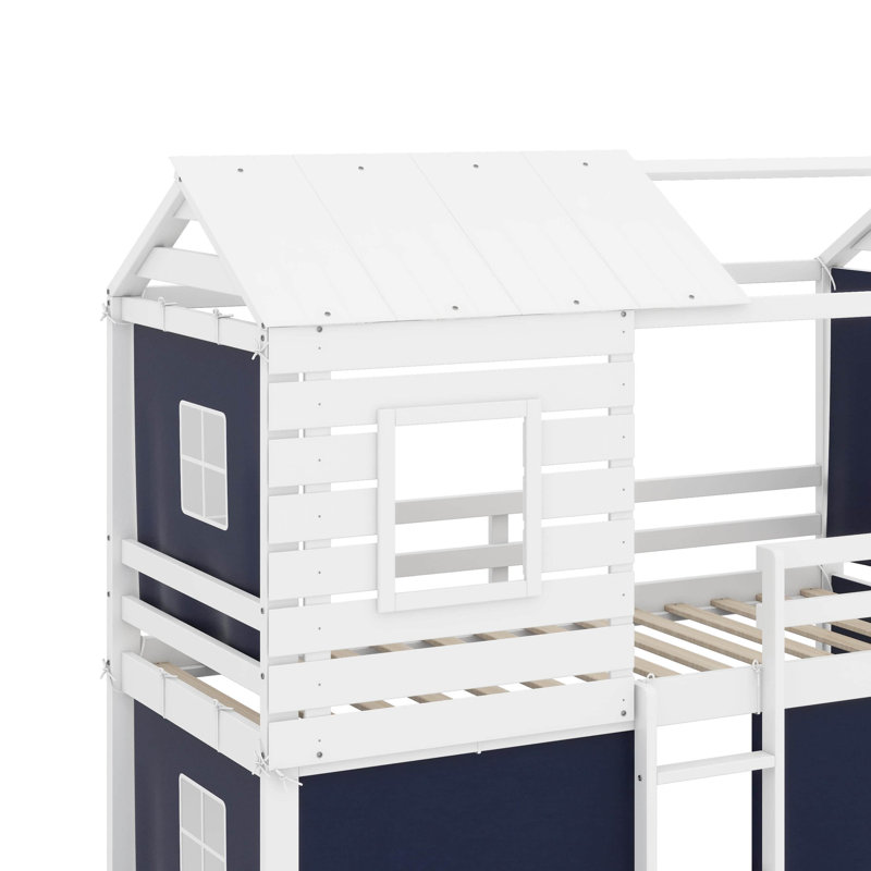 Twin Size Wood House Bunk Bed With Tent