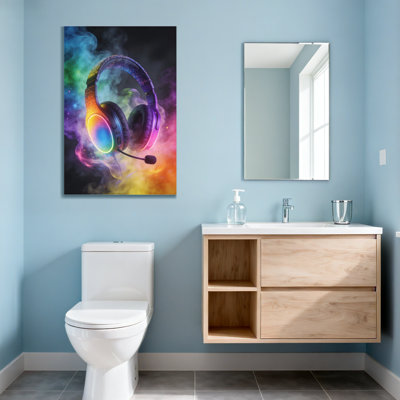 Abstract Colorful Headphones With Rainbow Glow And Smoke Background