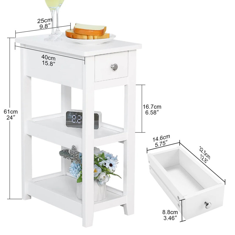Ethan Solid Color Wooden End Table With Drawer & 2 Open Shelves, Transitional Nightstand For Small Spaces, 10"Wx16"Dx24"H, 1