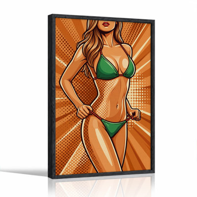 Woman in Green Bikini with Orange Pop Art Background Canvas Wall Art