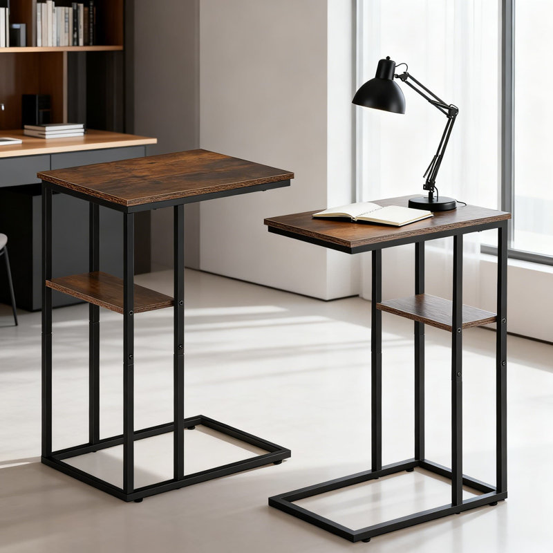 Ensemble de 2 tables de bout en C, table d'appoint double couche avec plateau en bois rustique et structure en métal pour le salon, la chambre à coucher et les petits espaces