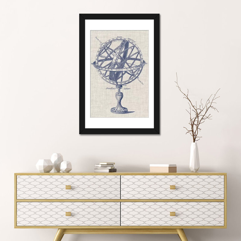 « armillary sphere on linen i », reproduction d’impression sur toile tendue, H 24 po x l 16 po x P 1 po, Blanc