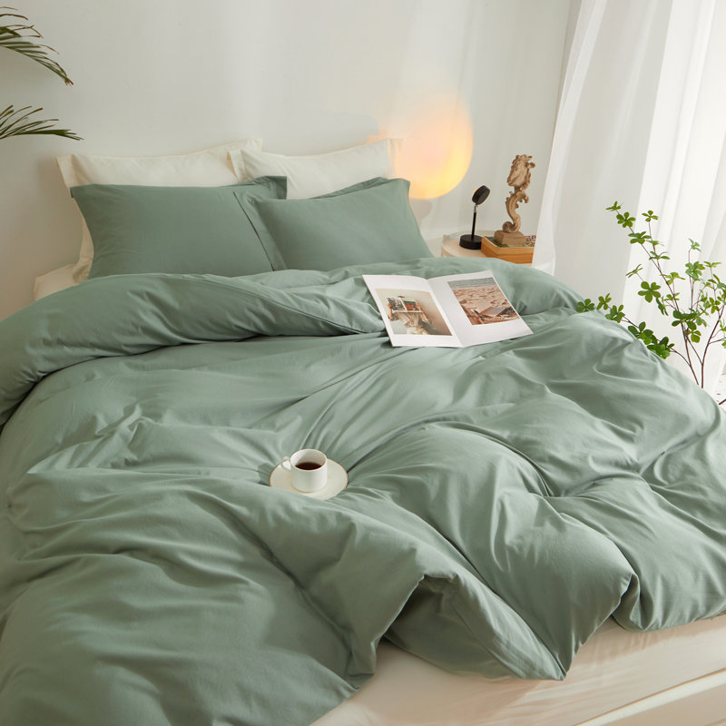  Breathable Washed Microfiber Duvet Cover Set, King Duvet Cover + 2 King Shams, Light Green