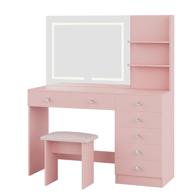 Makeup Vanity Set With LED Lighted Mirror - 7 Drawers Dressing Table With Built-in Outlet, Pink