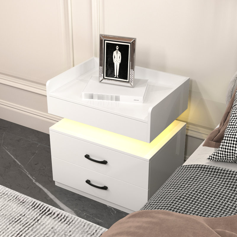 Table de chevet blanche avec éclairage à DEL réglable, 2 tiroirs pour le rangement organisé, 2 espaces de construction supplémentaires