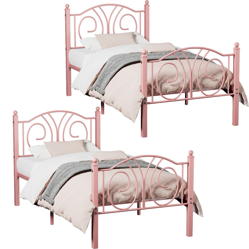 Set Of 2 Twin Size Modern Pink Metal Platform Bed With Headboard And Footboard, 12.6" Under Bed Storage, Pink
