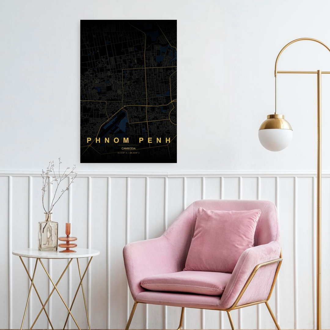 Golden Phnom Penh Map Abstract Geometric Minimalist Architecture City Wall Art Print