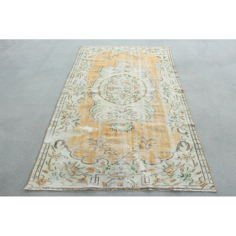 Hand Knotted Turkish Vintage Area Rug in Orange For Boho Interior Design in Salon and Bedroom With Pastel Eclectic Style