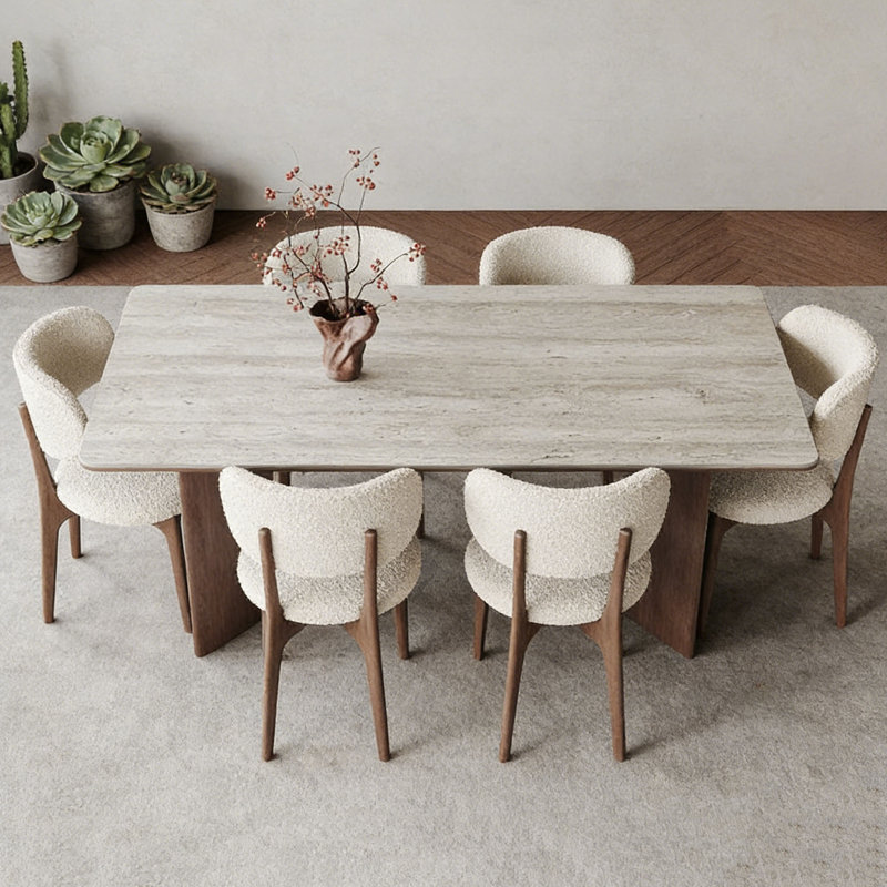 Table Mid-Century rectangulaire en bois et pierre, 7 Pieces: Table, 6 Chairs, H 26,9 po x l 70,9 po x P 35,4 po