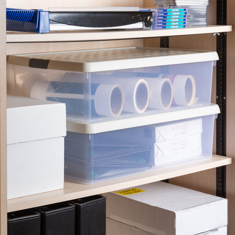Wham Clip 30L Rectangular Plastic Storage Boxes with Secure Clip Lock Lids. L:59.5 x W:39.5 x H:17cm, Clear/Stone/Slate Grey