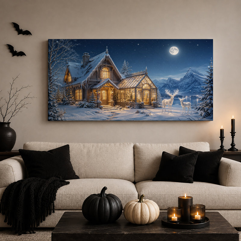 Chalet enneigé avec serre et cerf blanc - Toile murale d'Halloween, L 46 po x H 24 po