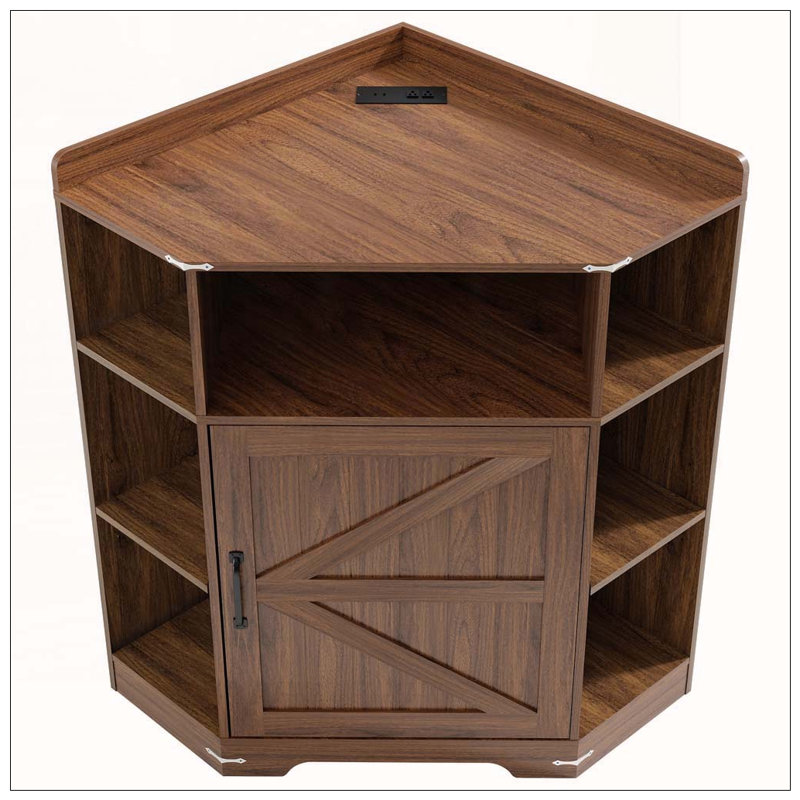 Armoire de coin, tablette de coin avec ports USB et prises de courant, Walnut