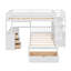 Lit superposé double au-dessus de simple avec bureau, tiroirs et tablettes, blanc