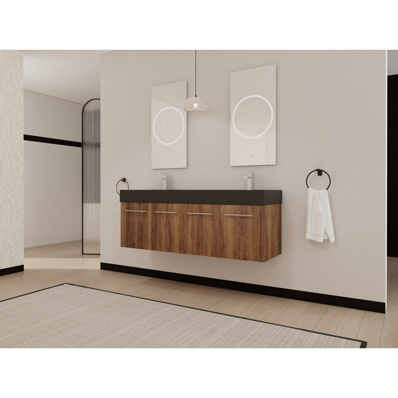 Meuble-lavabo mural 60 po avec lavabo, lavabo en résine noire à double rebord épais, ensemble KD, Brun / Argenté, Noir