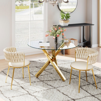 Ensemble de salle à manger rond à piédestal transparent avec fauteuil de salle à manger en velours ciel