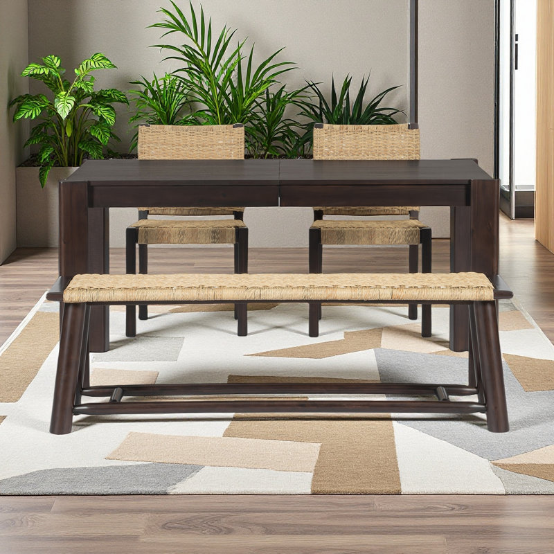 Extendable Farmhouse Dining Table Set for 4-8 - Rattan Chairs & Dual-Tone Finish, Child-Safe Compact Design, Walnut