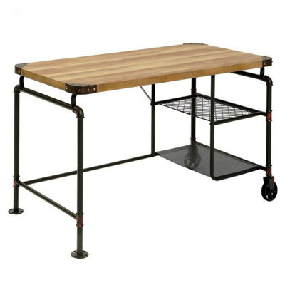 Bureau d'inspiration industrielle avec dessus en bois et roulettes en métal
