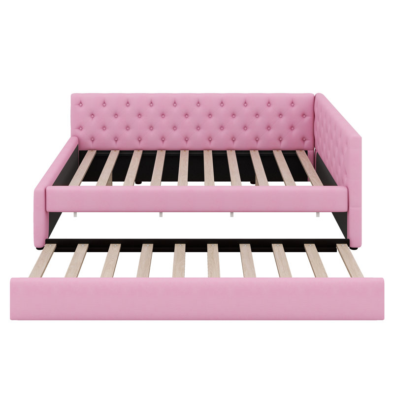 Full XL Size Upholstered Daybed With Pull-Out Trundle Bed, L Shaped Corner Sofabed Frame With Tufted Design Backrest, Pink