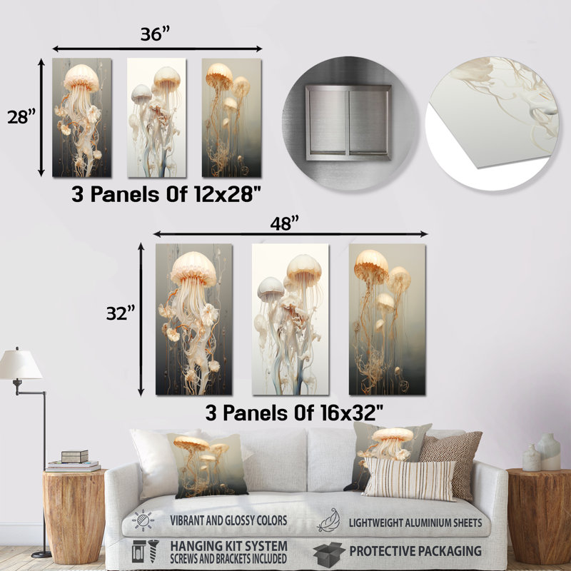 Minimalisme Jellyfish Wonders - ensemble de 3 décorations murales en métal méduse, H 28 po x l 36 po