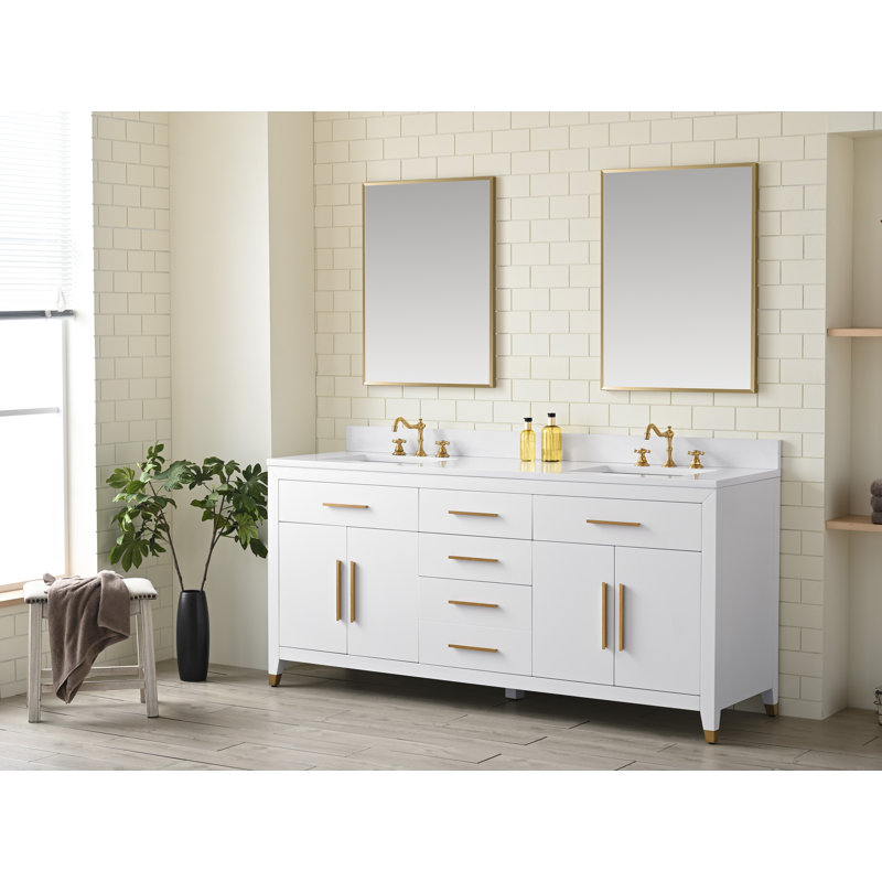 Meuble-lavabo double autoportant 60,25 po Maddison avec plateau en pierre reconstituée, Blanc