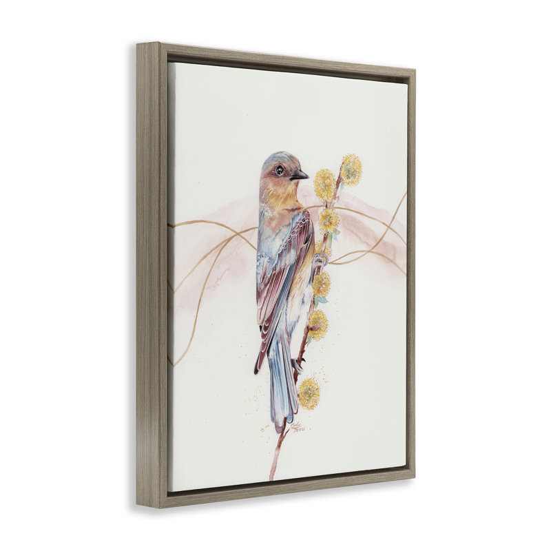 Cadre flottant oiseau et fleurs gonflées jaunes, design par Cady, Cadre flottant orme Montalcino, H 31 po x l 25 po