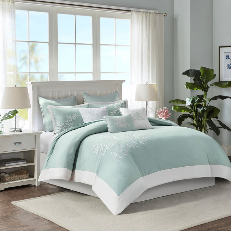 Housse de couette pour lit double / grand lit - 100% coton avec broderie corail enchanteur et bordure attrayante