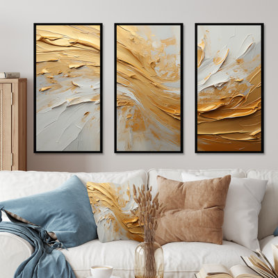 Or et beige, peinture à vagues douces - formes abstraites, ensemble d'art sur toile
