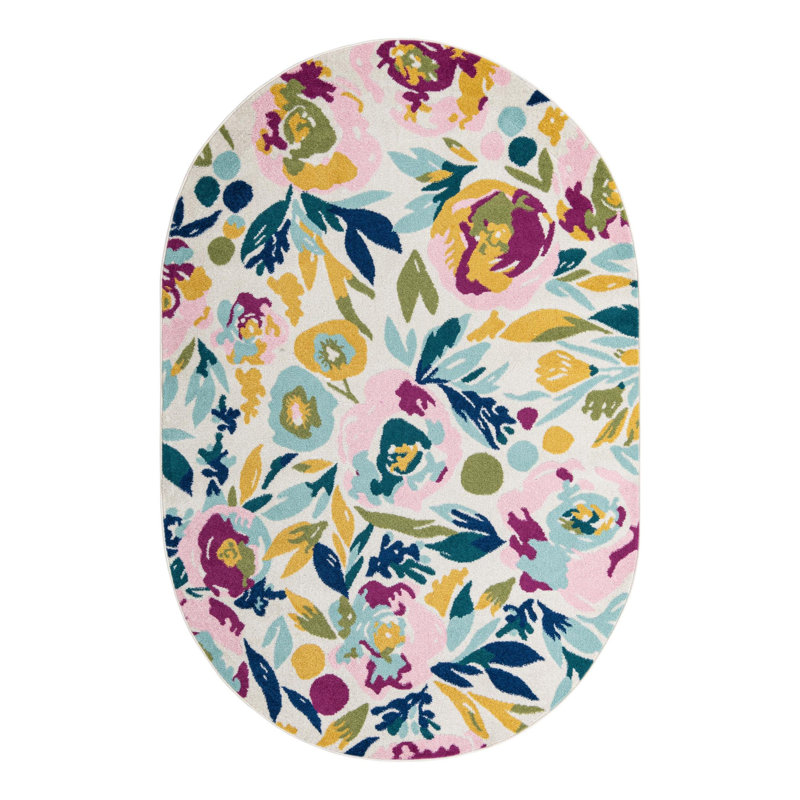 Holle Floral Area Rug, Oval 5'3" x 7'10", White/Navy Blue/Yellow