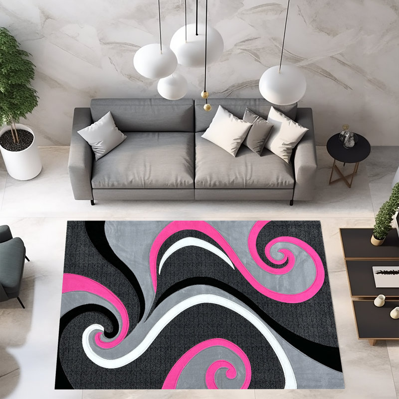 Tapis rose / gris à motif abstrait contemporain et moderne 3D Mccampbell, Rectangle 2 pi x 4 pi