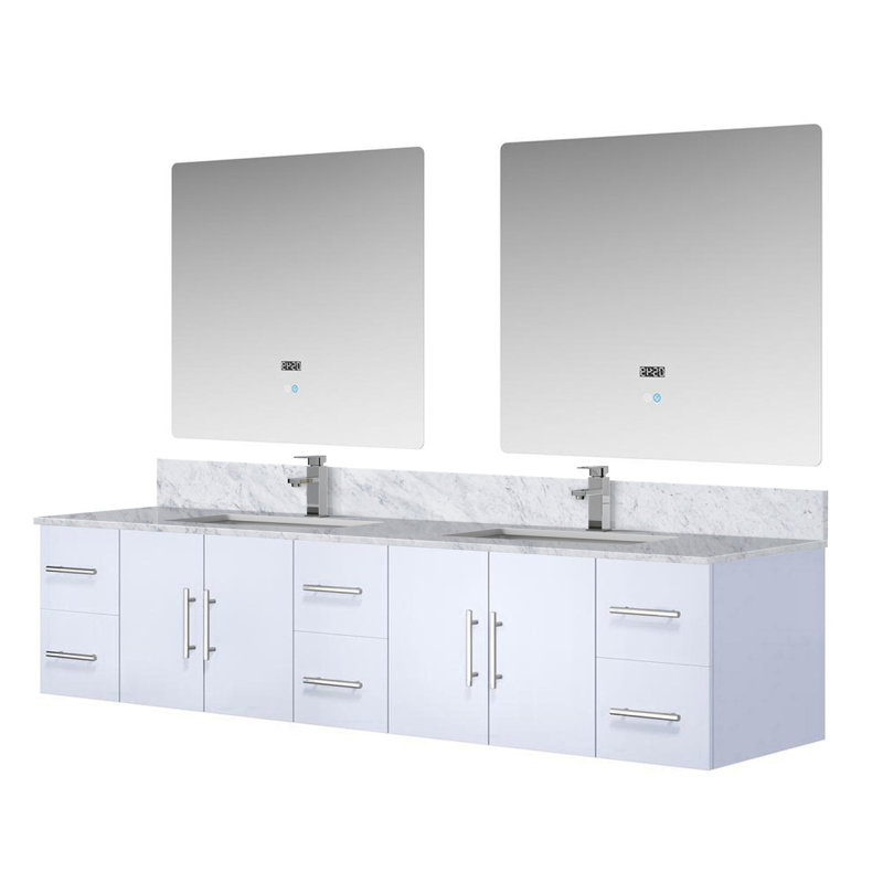 Meuble-lavabo double blanc brillant l 84 po x P 22 po, comptoir en marbre de Carrare, ensemble de robinet et miroirs à DEL 36 po