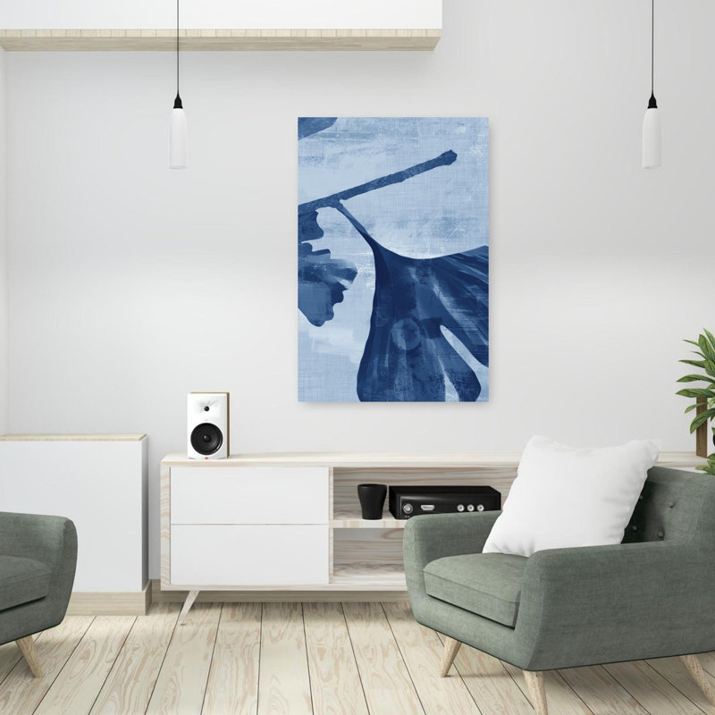Branche de ginkgo en bleu III, art contemporain contemporain, H 36 po x l 24 po
